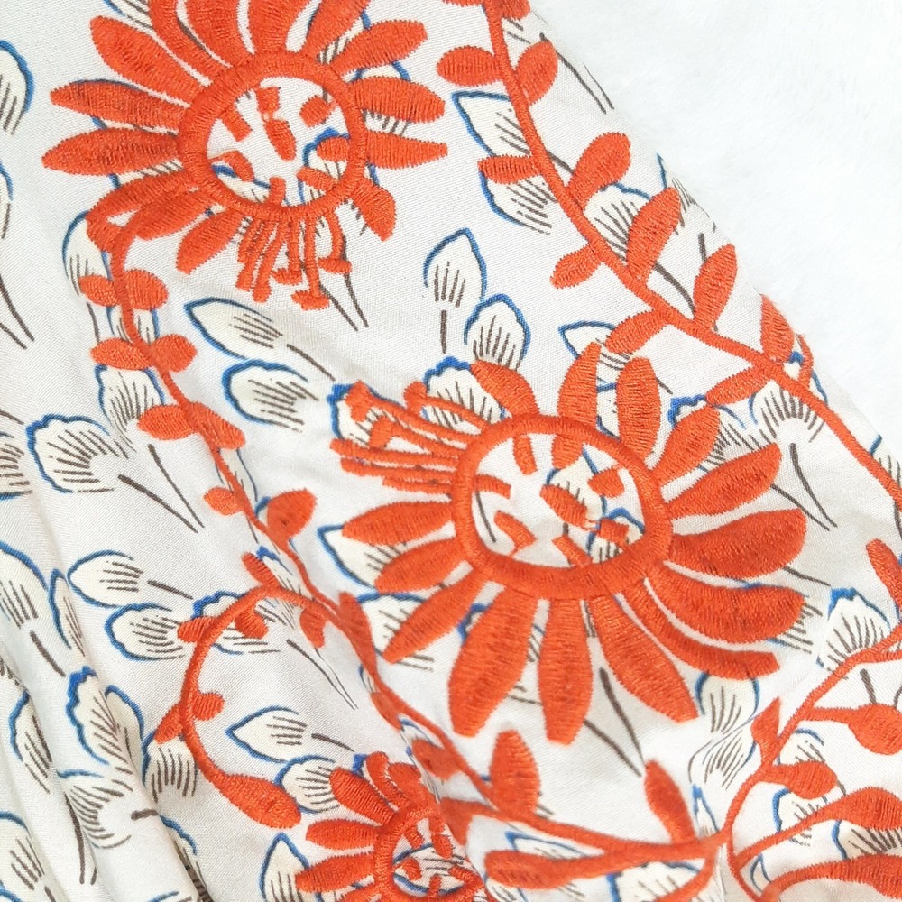 Embroidered Puff Sleeve Ruffle Neck Blouse Cream Orange Floral Print Grannycore - Picture 2 of 5